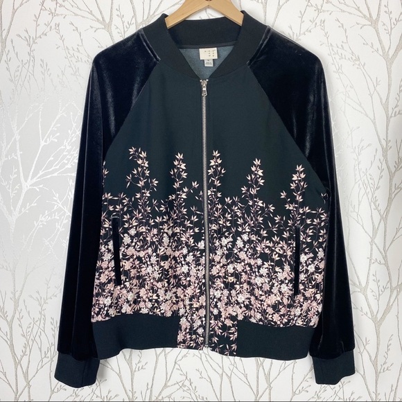 A NEW DAY BLACK Velvet Sleeve Cherry Blossom Bomber Jacket Zip-Up Medium - Picture 13 of 13